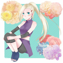 Rule 34 | blonde hair, blue eyes, blush, earrings, fishnets, flower, hair ornament, hairclip, hands on own knees, jewelry, naruto, naruto (series), ponytail, sandals, yamanaka ino