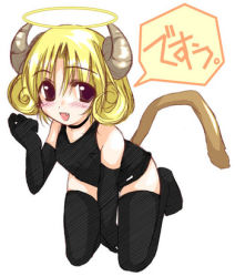 Rule 34 | 00s, 1girl, black gloves, black one-piece swimsuit, black thighhighs, blonde hair, blush, bokusatsu tenshi dokuro-chan, choker, demon girl, desu, elbow gloves, fang, gloves, halo, horns, kneeling, leaning forward, lowres, mihashigo sabato, one-piece swimsuit, open mouth, purple eyes, saba (sio), school swimsuit, simple background, solo, swimsuit, tail, thighhighs, translated, white background