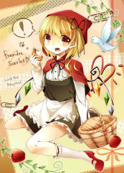 Rule 34 | !, 1girl, alternate costume, apple, apron, arm up, bad id, bad pixiv id, basket, berry, bird, blonde hair, cape, character name, checkered background, cosplay, dove, english text, engrish text, fang, female focus, flandre scarlet, food, frills, fruit, fruit tart, hair ribbon, heart, heart of string, hood, kneehighs, kuran (mkmrl), leaf, little red riding hood, little red riding hood (grimm), little red riding hood (grimm) (cosplay), long sleeves, looking at viewer, mary janes, open mouth, outline, paperclip, paw print, ranguage, red eyes, ribbon, shirt, shoes, short hair, side ponytail, sitting, skirt, socks, solo, speech bubble, tart (food), teeth, tongue, touhou, wariza, white socks, wings