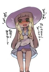 Rule 34 | 1girl, bad id, bad twitter id, blonde hair, blunt bangs, blush, braid, clothes lift, creatures (company), dress, dress lift, feet out of frame, flashing, fukurou (owl222), game freak, green eyes, hat, inactive account, lifted by self, lillie (pokemon), long hair, nintendo, panties, pantyshot, pokemon, pokemon sm, presenting, simple background, sleeveless, sleeveless dress, solo, standing, sun hat, sundress, sweat, translation request, twin braids, underwear, white background, white dress, white hat