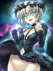 Rule 34 | 1girl, am isuel, aura, black dress, black headwear, blue eyes, bottomless, breasts, center opening, cleavage cutout, clothes lift, clothing cutout, commentary request, cowboy shot, dha, dress, dress lift, frilled dress, frilled sleeves, frills, gothic lolita, grey hair, groin, hands up, laurel crown, layered dress, layered sleeves, lolita fashion, long sleeves, looking at viewer, navel, navel cutout, no panties, open mouth, pale skin, rance (series), rance quest, rance quest magnum, short dress, short hair with long locks, sidelocks, small breasts, smile, solo, thick eyelashes