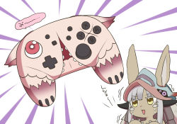 Rule 34 | 1other, :3, commentary request, emphasis lines, furry, grey hair, helmet, highres, long hair, made in abyss, mitty (made in abyss), nanachi (made in abyss), nintendo switch pro controller, objectification, open mouth, rantana (lalalalackluster), tearing up, translation request, trembling, upper body, white background, yellow eyes