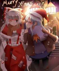Rule 34 | 2017, 2girls, absurdres, blue gloves, blue scarf, blunt bangs, blush, bow, brown gloves, brown scarf, christmas, commentary request, door, facing another, fujiwara no mokou, gloves, grin, hair bow, hat, highres, holding hands, indo (mdtanaka2007), jacket, kamishirasawa keine, lantern, long hair, long sleeves, looking at another, merry christmas, multiple girls, open clothes, open jacket, pants, red pants, santa hat, scarf, smile, snowing, stairs, star (sky), suspenders, touhou, very long hair, white bow, white hair