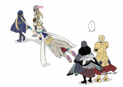 ... 2girls 3boys armor artoria_caster_(fate) artoria_caster_(first_ascension)_(fate) artoria_caster_(second_ascension)_(fate) artoria_pendragon_(fate) bag blonde_hair blue_boots blue_cape blue_hat blue_vest boots cape commentary_request cropped_vest crossed_arms crown dragging dragonfly_wings dress dual_persona earrings fate/grand_order fate_(series) gameplay_mechanics gilgamesh gilgamesh_(caster)_(fate) gilgamesh_(fate) gold_armor gold_earrings grey_boots grey_dress hat highres jewelry knee_boots moonlight_0423 multiple_boys multiple_girls oberon_(fate) oberon_(third_ascension)_(fate) shared_speech_bubble shoulder_tattoo speech_bubble spoken_ellipsis tattoo twintails twitter_username vest white_hat