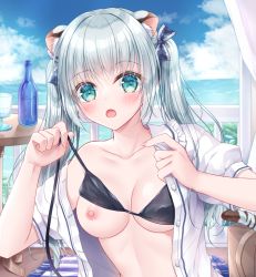Rule 34 | 1girl, :o, animal ear fluff, animal ears, bikini, bikini under clothes, black bikini, blue bow, blue sky, blush, bottle, bow, breasts, cloud, collared shirt, commentary request, cup, day, dress shirt, drinking glass, frilled shirt collar, frills, green eyes, grey hair, hair bow, highres, horizon, indoors, kohinata hoshimi, long hair, looking at viewer, medium breasts, nipples, ocean, open clothes, open mouth, open shirt, original, puffy short sleeves, puffy sleeves, shirt, short sleeves, sky, solo, swimsuit, twintails, upper body, very long hair, water, white shirt