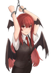 Rule 34 | 1girl, absurdres, aisumegane, arms up, bat wings, black skirt, black vest, blush, buttons, chain, clenched teeth, collared shirt, commentary request, cowboy shot, cuffs, dress shirt, eyes visible through hair, hair between eyes, handcuffs, head wings, highres, koakuma, long hair, low wings, necktie, red eyes, red hair, red necktie, restrained, shirt, short sleeves, sidelocks, simple background, skirt, skirt set, solo, teeth, touhou, v-shaped eyebrows, very long hair, vest, white background, white shirt, wings