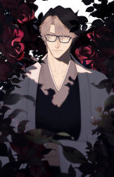 Rule 34 | 1boy, absurdres, aizen sousuke, black robe, bleach, brown eyes, brown hair, cha quq, closed mouth, collarbone, flower, glasses, hair between eyes, highres, japanese clothes, kimono, light, light smile, male focus, outdoors, red flower, red rose, robe, rose, short hair, smile, solo, solo focus, standing, sunlight, upper body, white kimono