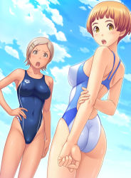 Rule 34 | 2girls, :o, angry, arena (company), arm grab, arms behind back, ass, back, blush, breasts, brown eyes, brown hair, cloud, competition swimsuit, covered erect nipples, dark-skinned female, dark skin, day, hair ornament, hairclip, hand on own hip, highleg, highleg swimsuit, hip focus, kuri (kurigohan), looking back, medium breasts, multiple girls, navel, nipples, one-piece swimsuit, open mouth, orange hair, outdoors, shiny clothes, shiny skin, short hair, silver hair, skin tight, sky, surprised, swimsuit, yellow eyes
