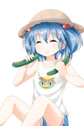 Rule 34 | 1girl, alternate costume, bare shoulders, blue hair, blush, closed eyes, collarbone, cucumber, eating, food, hair bobbles, hair ornament, happy, hat, kappa, kawashiro nitori, ruu (tksymkw), shirt, short hair, short sleeves, shorts, simple background, sitting, smile, solo, straw hat, touhou, twintails, two side up, white background