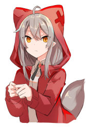 Rule 34 | 1girl, ahoge, animal ears, animal hood, brown eyes, collared shirt, cropped torso, dress shirt, fake animal ears, grey hair, hair between eyes, highres, hood, hood up, hooded jacket, jacket, long sleeves, looking at viewer, open clothes, open jacket, original, own hands together, red jacket, shirt, simple background, sleeves past wrists, solo, tail, tori (10ri), upper body, white background, white shirt