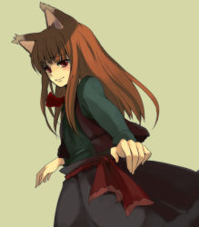 Rule 34 | 00s, 1girl, animal ears, green background, holo, loo, simple background, solo, spice and wolf, wolf ears
