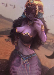 Rule 34 | 1girl, absurdres, bandeau, black bandeau, black hair, bracelet, breasts, cleavage, colored skin, commentary, cowboy shot, desert, gold trim, hair ornament, hand on own hip, headpiece, highres, indie virtual youtuber, jewelry, lamia, large breasts, loincloth, long hair, looking at viewer, monster girl, narrow waist, outdoors, purple eyes, purple skin, slit pupils, smile, solo, taku artworks, usekh collar, vexoria the sun eater, virtual youtuber, wide hips