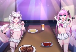 2girls absurdres animal_ears bikini blue_eyes bow breasts commission dog_ears dog_tail glass gram_pico hair_bow hair_ribbon highres jaqui karaoke kokoromo_memory looking_at_viewer microphone multiple_girls open_mouth phase_connect phase_connect_jp pink_eyes pink_hair plate pointy_ears ribbon skirt small_breasts standing swimsuit table tail thighs virtual_youtuber white_hair