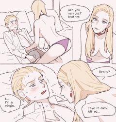 Rule 34 | alexia ashford, alfred ashford, blonde hair, blue eyes, blush, boxers, breasts, choker, girl on top, hanging breasts, highres, incest, long hair, looking down, looking up, male underwear, mmyaaym, nervous, open clothes, open shirt, panties, purple panties, quiver, quivering, red earrings, red jewel, resident evil, resident evil - code: veronica, shirt, short hair, siblings, sweat, topless, translated, twincest, twins, underwear, white shirt