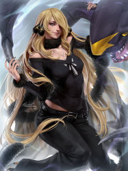 Rule 34 | 1girl, aleriia v, arm up, bare shoulders, belt, black nails, black pants, black shirt, blonde hair, claws, closed mouth, creatures (company), cynthia (pokemon), detached collar, fingernails, fur collar, game freak, garchomp, gen 4 pokemon, grey eyes, hair ornament, hair over one eye, hand on another&#039;s head, hand up, highres, jewelry, lips, long bangs, long hair, long sleeves, looking at viewer, midriff peek, nail polish, nintendo, off-shoulder shirt, off shoulder, pants, pendant, pokemon, pokemon (creature), pokemon dppt, seductive smile, shawl, shirt, side-by-side, signature, smile, solo focus, very long hair, watermark, web address