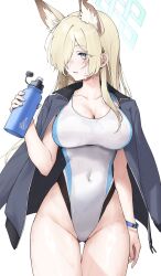 Rule 34 | 1girl, animal ear fluff, animal ears, black jacket, blonde hair, blue archive, blue eyes, blue hair, blue halo, blue jacket, bottle, breasts, collarbone, commentary request, competition swimsuit, covered navel, hair over one eye, halo, highleg, highleg swimsuit, highres, holding, holding bottle, jacket, jacket on shoulders, kanna (blue archive), large breasts, long hair, looking to the side, one-piece swimsuit, simple background, slit pupils, solo, swimsuit, thighs, toujou masateru, wet, white background, white one-piece swimsuit