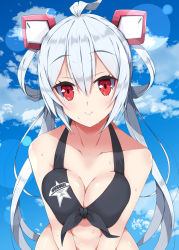 Rule 34 | 1girl, ahoge, bare arms, bare shoulders, bikini, black bikini, blue sky, blush, breasts, cleavage, closed mouth, cloud, cloudy sky, collarbone, commentary request, day, front-tie bikini top, front-tie top, hair between eyes, hair rings, head tilt, headgear, leaning forward, long hair, looking at viewer, matoi (pso2), medium breasts, milkpanda, outdoors, phantasy star, phantasy star online 2, red eyes, silver hair, sky, smile, solo, swimsuit, twintails, very long hair, wet