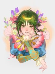 Rule 34 | 1girl, asellus (saga frontier), collar, flower, frilled collar, frills, green eyes, green hair, hand on own cheek, hand on own face, head rest, highres, juliet sleeves, light blush, long sleeves, pink flower, puffy sleeves, purple flower, red flower, saga, saga frontier, signature, smile, solo, suzuki rika, upper body, yellow flower