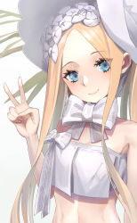 Rule 34 | 1girl, abigail williams (fate), abigail williams (swimsuit foreigner) (fate), abigail williams (swimsuit foreigner) (third ascension) (fate), bad id, bad pixiv id, blonde hair, blue eyes, bow, bowtie, closed mouth, eyelashes, eyes visible through hair, fate/grand order, fate (series), film grain, fingernails, hat, highres, long eyelashes, long hair, looking at viewer, plant, smile, solo, swimsuit, teeth, toho10min, too many, too many bows, upper teeth only, v, white background, white bow, white hat
