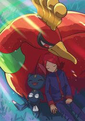 Rule 34 | 1boy, arutarika (ri kaoekaki), bird, clenched hand, closed eyes, closed mouth, commentary request, creatures (company), day, from above, game freak, gen 2 pokemon, grass, highres, ho-oh, jacket, legendary pokemon, long hair, long sleeves, male focus, nintendo, outdoors, pants, pokemon, pokemon (creature), pokemon hgss, red hair, silver (pokemon), sneasel