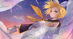 Rule 34 | 1girl, :o, arched back, ascot, bare shoulders, blonde hair, blue eyes, bow, curtains, detached sleeves, dutch angle, flat chest, floating hair, hair bow, hair ornament, hairclip, headset, highres, holding, holding letter, kagamine rin, letter, light particles, looking at viewer, looking to the side, midriff, navel, neckerchief, pink sky, sailor collar, shorts, sky, star (sky), starry sky, sunset, twilight, vocaloid, wind, xyunx, yellow neckerchief