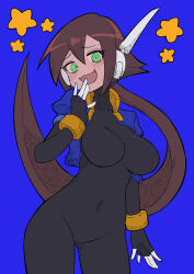 Rule 34 | 1girl, :3, absurdres, aile (mega man zx), black bodysuit, blue background, blue jacket, blush, bodysuit, bodysuit under clothes, breasts, brown hair, buzzlyears, commentary, covered collarbone, covered navel, cowboy shot, cropped jacket, glowing, green eyes, hand to own mouth, highres, jacket, large breasts, long hair, looking at viewer, mega man (series), mega man zx, mega man zx advent, no pants, open clothes, open jacket, open mouth, ponytail, robot ears, simple background, smile, smug, solo