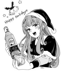 Rule 34 | 1girl, alcohol, alternate costume, blush, bottle, capelet, christmas, commentary request, cropped torso, cup, drinking glass, fujinoki (horonabe-ken), fur trim, greyscale, happy holidays, hat, headgear, helena (kancolle), holding, holding bottle, jose cuervo, kantai collection, long hair, long sleeves, monochrome, open mouth, santa costume, santa hat, signature, simple background, solo, tequila, upper body
