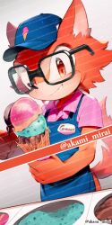 Rule 34 | 1boy, animal ears, animal nose, apron, artist name, avatar (sonic forces), blue apron, blue hat, blush, character name, closed mouth, clothes writing, fang, food, food print, furry, furry male, glasses, gradient background, grey background, hands up, hat, holding, holding food, holding ice cream, ice cream, iiimirai, looking at viewer, male focus, pink shirt, red eyes, red fur, shirt, short sleeves, simple background, smile, solo, sonic (series), sonic forces, standing, table, tail, watermark, white background, wing collar, wolf boy, wolf ears, wolf tail