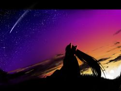 Rule 34 | 1girl, dark, hatsune miku, highres, long hair, mo-i, moifactory, night, shooting star, silhouette, sitting, sky, solo, star (sky), star (symbol), starry sky, sunset, twintails, vocaloid