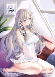 Rule 34 | 1girl, absurdres, azur lane, bare legs, bare shoulders, barefoot, blue eyes, blush, breasts, closed mouth, collarbone, couch, drawing (object), hair ribbon, hands on own knees, heterochromia, highres, legs, long hair, looking at viewer, medium breasts, murmansk (azur lane), murmansk (sceneries of pure snow) (azur lane), nightgown, pillow, platinum blonde hair, purple eyes, ribbon, seiza, simple background, sitting, soles, solo, thighs, white nightgown, white ribbon, window, yoshitoki (kisshin)