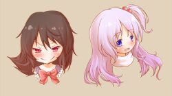 Rule 34 | 2girls, arinu, black hair, blue eyes, blush, bow, brown background, closed mouth, commentary request, hair between eyes, hair bobbles, hair ornament, houjuu nue, long hair, multiple girls, one side up, open mouth, portrait, red bow, red eyes, shinki (touhou), short hair, simple background, smile, touhou, touhou (pc-98), white hair