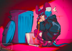 Rule 34 | 1other, 2020, alley, androgynous, animal ears, aurahack, blue hair, caught, cheese, cheese trail, chinese zodiac, commentary, eating, english commentary, food, hood, hood down, hoodie, legs together, looking at viewer, mouse ears, mouse girl, mouse tail, original, pizza, pizza box, red eyes, short hair, solo, squatting, ^^^, tail, trash can, year of the rat