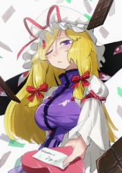 Rule 34 | 1girl, absurdres, arm ribbon, bad perspective, blonde hair, blurry, blush, bow, breasts, candy, chocolate, chocolate bar, english text, food, foreshortening, gap (touhou), hair bow, half-closed eye, hat, hat ribbon, highres, lips, long hair, long sleeves, looking at viewer, medium breasts, mob cap, one eye closed, pink lips, pov, purple eyes, ribbon, shiny clothes, sidelocks, sign (jojo1408), simple background, slit pupils, solo, touhou, upper body, valentine, white background, yakumo yukari