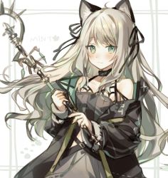 Rule 34 | 1girl, animal ears, arknights, bad id, bad pixiv id, bare shoulders, black bow, black dress, black jacket, blush, bow, cat ears, character name, dress, en (shisui no utage), green eyes, hair bow, holding, holding wand, infection monitor (arknights), jacket, long hair, looking at viewer, mint (arknights), mint (elite ii) (arknights), one-hour drawing challenge, solo, spaghetti strap, upper body, wand, white hair