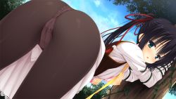 Rule 34 | 1girl, against tree, amagiri yune, amairo islenauts, ass, ass focus, black hair, black pantyhose, blouse, blush, bra, bra pull, breasts, breasts out, clothes pull, crotch seam, day, dress, dutch angle, game cg, green eyes, lace, lace-trimmed bra, lace trim, long hair, looking at viewer, looking back, medium breasts, muririn, nipples, open mouth, outdoors, panties, panties under pantyhose, pantyhose, pink bra, plant, ponytail, school uniform, shirt, solo, thighs, tree, underwear, waistcoat, white shirt