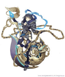 Rule 34 | 1girl, alice (sinoalice), armor, axe, blue hair, chain, cleavage cutout, clothing cutout, expressionless, full body, fur trim, hair ribbon, hairband, huge weapon, ji no, looking at viewer, official art, orange eyes, parted lips, ribbon, short hair, shoulder armor, sinoalice, solo, thighhighs, torn clothes, torn thighhighs, weapon, white background