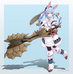 Rule 34 | 1girl, absurdres, alternate costume, animal ear fluff, animal ears, axe, blue background, blue hair, border, braid, carrot hair ornament, clothing request, commentary, dress, food-themed hair ornament, full body, fur-trimmed dress, fur trim, hair ornament, highres, holding, holding axe, hololive, jon eve, long hair, looking at viewer, monster hunter (series), monster hunter rise, multicolored hair, open mouth, rabbit ears, rabbit girl, shadow, solo, standing, standing on one leg, twin braids, twintails, twitter username, two-tone hair, usada pekora, virtual youtuber, white border, white dress, white hair, yellow eyes