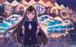 Rule 34 | 1girl, :d, backpack, bag, black jacket, blazer, blue bow, blush, bow, brown hair, carousel, collared shirt, commentary, dress shirt, grey skirt, hair ornament, hairclip, hands up, highres, holding strap, jacket, long hair, looking at viewer, nyanya, open mouth, original, outdoors, plaid, plaid bow, plaid skirt, pleated skirt, purple eyes, school uniform, shirt, skirt, smile, solo, symbol-only commentary, twitter username, very long hair, white shirt