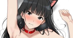 Rule 34 | 1girl, amagami, angry, animal ears, armpits, ayatsuji tsukasa, bare shoulders, black eyes, black hair, blush, cat ears, clenched teeth, collar, collarbone, hand up, highres, looking at viewer, lying, mobu, on back, portrait, red collar, solo, sweat, teeth