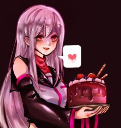 Rule 34 | 1girl, blueberry, blush, cake, chiyo loves, chocolate cake, crop top, detached sleeves, food, fruit, grey hair, heart, highres, holding, holding cake, holding food, holding plate, long hair, long sleeves, looking at viewer, open mouth, plate, red eyes, sailor collar, shaded face, shirt, sleeveless, sleeveless shirt, smile, solo, speech bubble, spoken heart, strawberry, sukone tei, turtleneck, utau, wafer stick, yandere