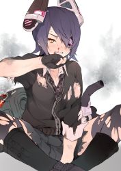 Rule 34 | 10s, 1girl, bad id, bad pixiv id, blood, breasts, cardigan, cleavage, clenched teeth, eyepatch, gloves, injury, kantai collection, large breasts, necktie, nosebleed, purple hair, school uniform, sitting, skirt, solo, teeth, tenryuu (kancolle), thighhighs, tokio neo, torn clothes, torn thighhighs, yellow eyes
