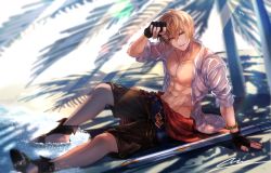 Rule 34 | 1boy, abs, albert (shingeki no bahamut), albert (summer) (granblue fantasy), bara, bare pectorals, beach, black gloves, black male swimwear, blonde hair, bracelet, brown male swimwear, brown swim trunks, day, fingerless gloves, gloves, granblue fantasy, highres, jewelry, looking at viewer, male focus, male swimwear, muscular, muscular male, navel, nipples, nuu (liebe sk), official alternate costume, open clothes, open shirt, outdoors, pectorals, red eyes, sandals, solo, swim trunks, swimsuit, sword, water, weapon