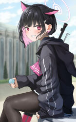 Rule 34 | 1girl, absurdres, animal ears, black hair, black hoodie, black pantyhose, blue archive, blue sky, blurry, blurry background, blush, cloud, cloudy sky, commentary, day, depth of field, drawstring, feet out of frame, food, grin, hair ornament, hairclip, halo, highres, holding, holding food, hood, hood down, hoodie, kamatama, kazusa (blue archive), long sleeves, looking at viewer, looking to the side, macaron, multicolored hair, outdoors, pantyhose, pink hair, pleated skirt, puffy long sleeves, puffy sleeves, red eyes, sitting, skirt, sky, sleeves past wrists, smile, solo, two-tone hair, white skirt