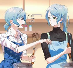 Rule 34 | absurdres, apron, aqua hair, bang dream!, black sweater, blue apron, blurry, blurry background, blush, bowl, character name, closed eyes, closed mouth, collared shirt, commentary, cooking, cowboy shot, dress shirt, food on hand, green eyes, hair between eyes, highres, hikawa hina, hikawa sayo, holding, holding whisk, indoors, jewelry, korean text, long hair, long sleeves, looking at another, medium hair, necklace, open mouth, ponytail, shirt, siblings, sidelocks, sisters, sleeves rolled up, smile, sweater, translation request, turtleneck, turtleneck sweater, twins, whisk, white shirt, zihacheol