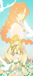 Rule 34 | 2girls, anklet, arm support, barefoot, bird, blonde hair, blue sky, braid, chamwa, closed eyes, commentary, dress, elf, feathers, field, flamme (sousou no frieren), flower, flower field, full body, gem, green eyes, green gemstone, hair over one eye, hair tubes, highres, jewelry, light brown eyes, long hair, low-tied sidelocks, multiple girls, orange hair, outdoors, pointy ears, projected inset, serie (sousou no frieren), sidelocks, single braid, sitting, sky, smile, soles, sousou no frieren, symbol-only commentary, toes, very long hair, white dress