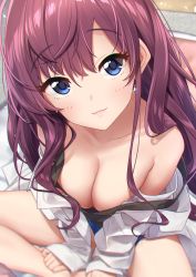 Rule 34 | 1girl, :3, absurdres, baffu, bare legs, bare shoulders, blue eyes, blue panties, blurry, blush, breasts, camisole, chromatic aberration, cleavage, closed mouth, collarbone, commentary request, depth of field, earrings, glint, head tilt, highres, ichinose shiki, idolmaster, idolmaster cinderella girls, indian style, jewelry, lips, long hair, long sleeves, looking at viewer, looking up, medium breasts, no pants, off shoulder, open clothes, open shirt, panties, purple hair, shirt, sitting, sleeves past wrists, solo, strap slip, tareme, underwear, very long hair, white shirt