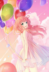 Rule 34 | 1girl, absurdres, arahe, balloon, blush, cloud, cloudy sky, dress, green eyes, highres, huge filesize, long hair, looking at viewer, looking to the side, open mouth, original, outdoors, pinafore dress, pink hair, sky, sleeveless dress, solo, standing, sundress, thighs, white dress
