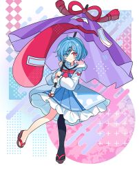 Rule 34 | 1girl, adapted costume, ahoge, asymmetrical legwear, blue coat, blue eyes, blue hair, closed mouth, coat, commentary request, egasumi, full body, hair ornament, heterochromia, highres, holding, holding umbrella, karakasa obake, long sleeves, looking at viewer, mismatched legwear, purple umbrella, red eyes, shirocha tei, short hair, smile, solo, tatara kogasa, touhou, twitter username, umbrella, x hair ornament