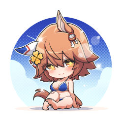 Rule 34 | 1girl, alternate costume, animal ears, bare shoulders, barefoot, bikini, blue bikini, blush, breasts, brown eyes, chibi, cleavage, clover hair ornament, commentary, daruma doll, ear covers, ear ornament, feet, four-leaf clover hair ornament, hair ornament, hand on own knee, highres, horse, horse ears, horse girl, horse tail, knee up, large breasts, lens flare, light brown hair, looking at viewer, matikanefukukitaru (umamusume), medium breasts, navel, no nose, single ear cover, sitting, soles, solo, sparkle, sparkling eyes, swimsuit, tail, thighs, umamusume, warashi