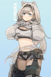 Rule 34 | 1girl, animal ears, arknights, aurora (arknights), bear ears, black hairband, black shirt, blue background, blue eyes, breasts, character name, cleavage, cleavage cutout, clothing cutout, commentary, cowboy shot, crop top, cropped jacket, gloves, grey gloves, grey shorts, hairband, hands up, highres, infection monitor (arknights), jacket, long hair, looking at viewer, midriff, navel, pouch, shirt, short shorts, shorts, silver hair, simple background, smile, solo, standing, stomach, very long hair, white jacket, yusubai 00